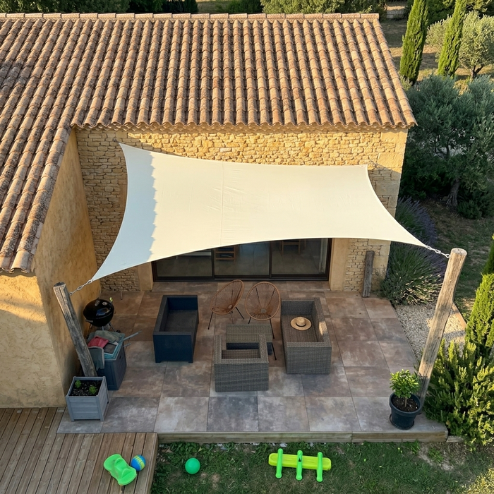 Voile d'Ombrage Rectangulaire Beige avec Kit Fixation